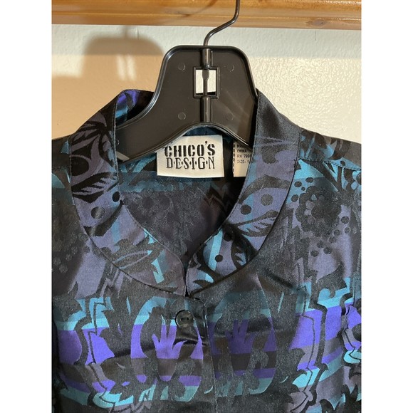 Chico's Design Women’s 1 Silk Blazer Black Blue Art to Wear Oriental Button - Picture 4 of 10